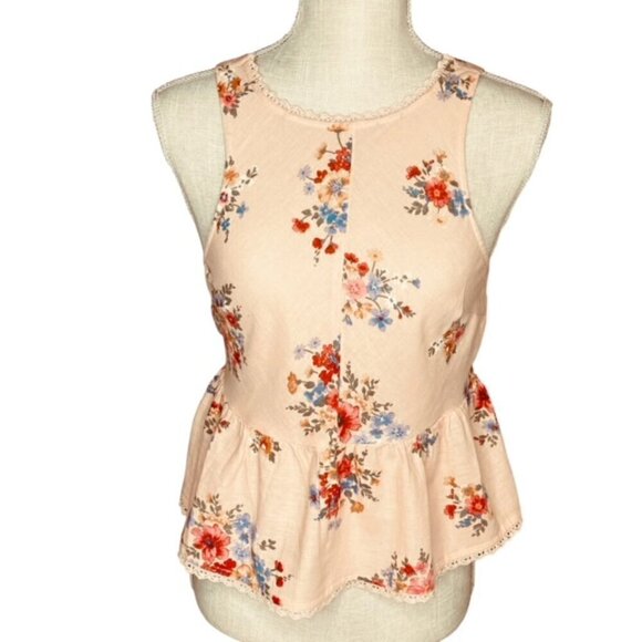 AMERICAN EAGLE Peach Linen-Blend Floral Peplum Hem Top - Size XS - Picture 3 of 9